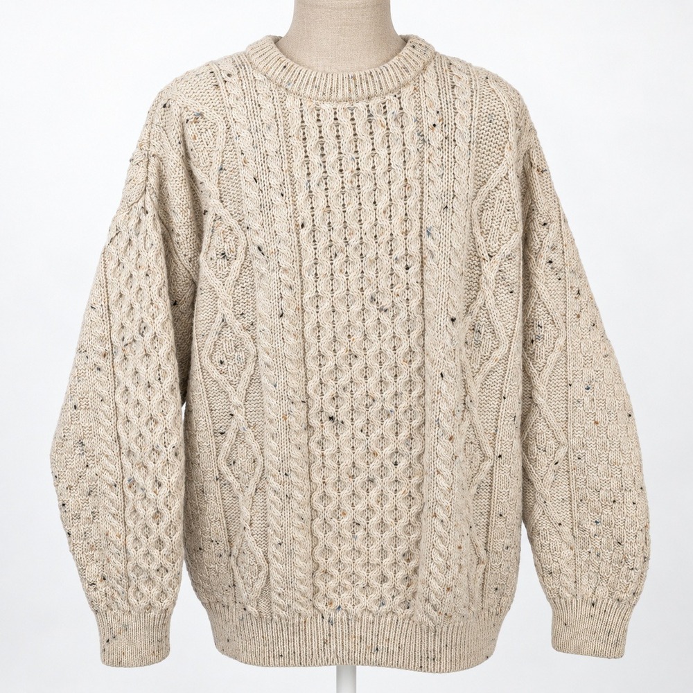 Aran Crafts 100% Wool Speckled Cable Knit Sweater Mens XL Cream Fisherman Celtic